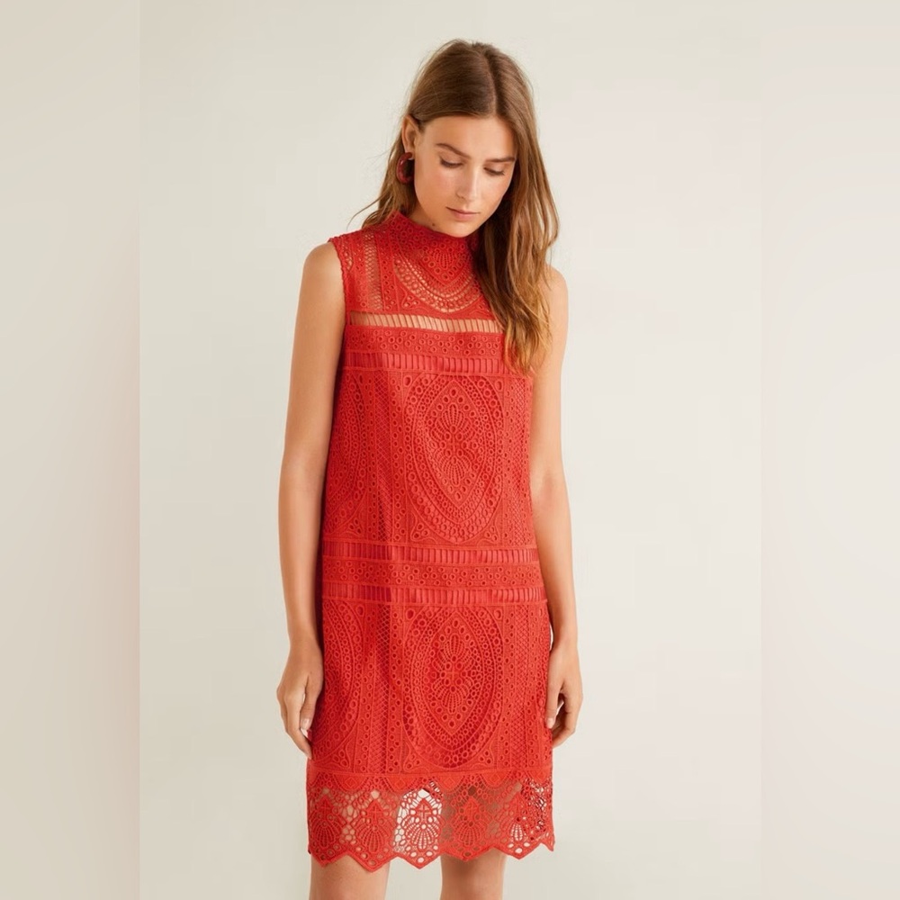 MNG Suit Sleeveless Red Lace Shift Midi Dress
